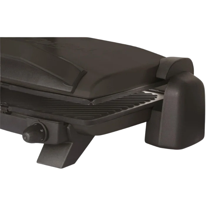 Black portable grill on a white background