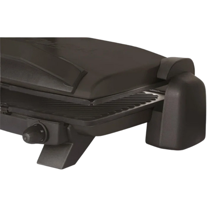 Black portable grill on a white background