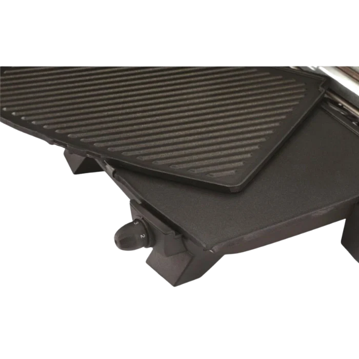 Black portable grill with griddle surface on a white background