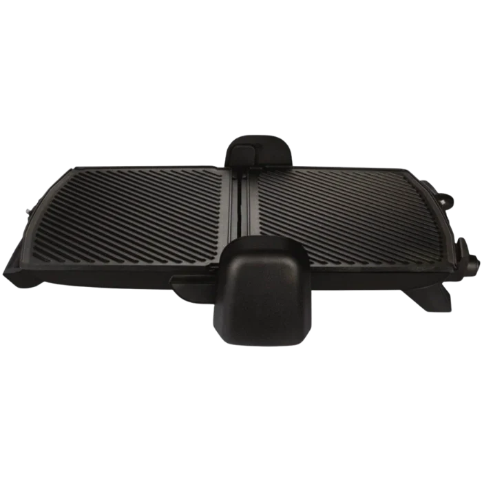Black grill pan with two handles on a white background