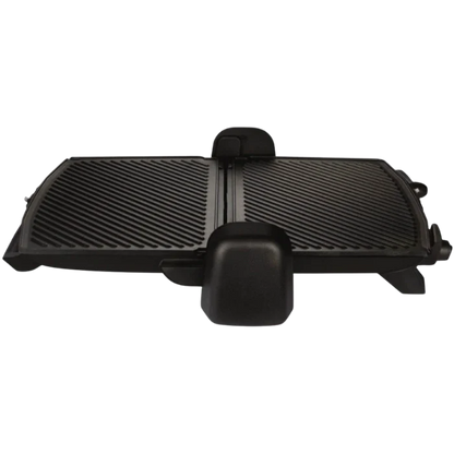 Black grill pan with two handles on a white background