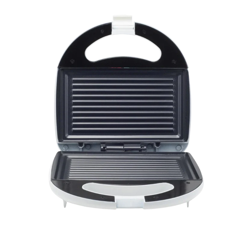 Black and silver sandwich toaster on a white background