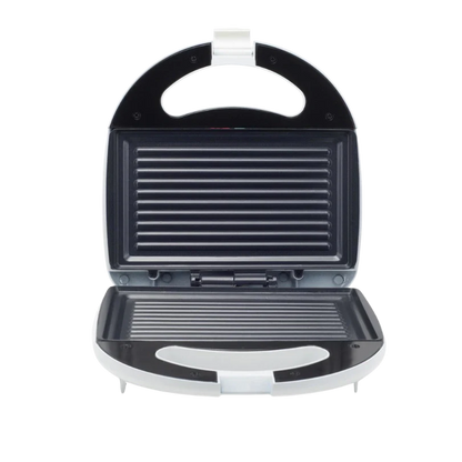 Black and silver sandwich toaster on a white background