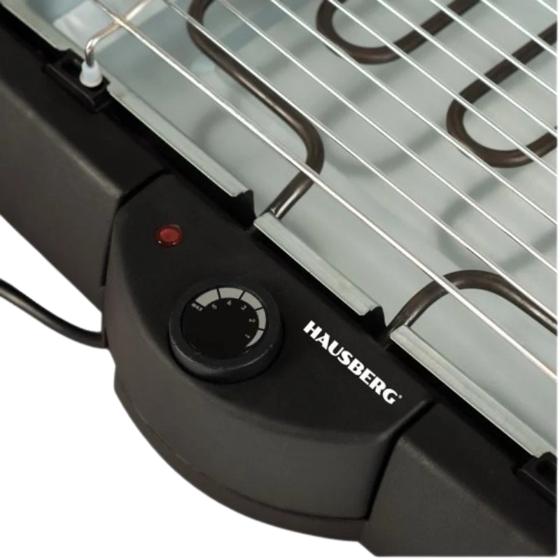 Close-up of a Hausberg electric grill with control knob and brand name.
