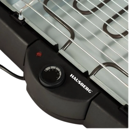 Close-up of a Hausberg electric grill with control knob and brand name.