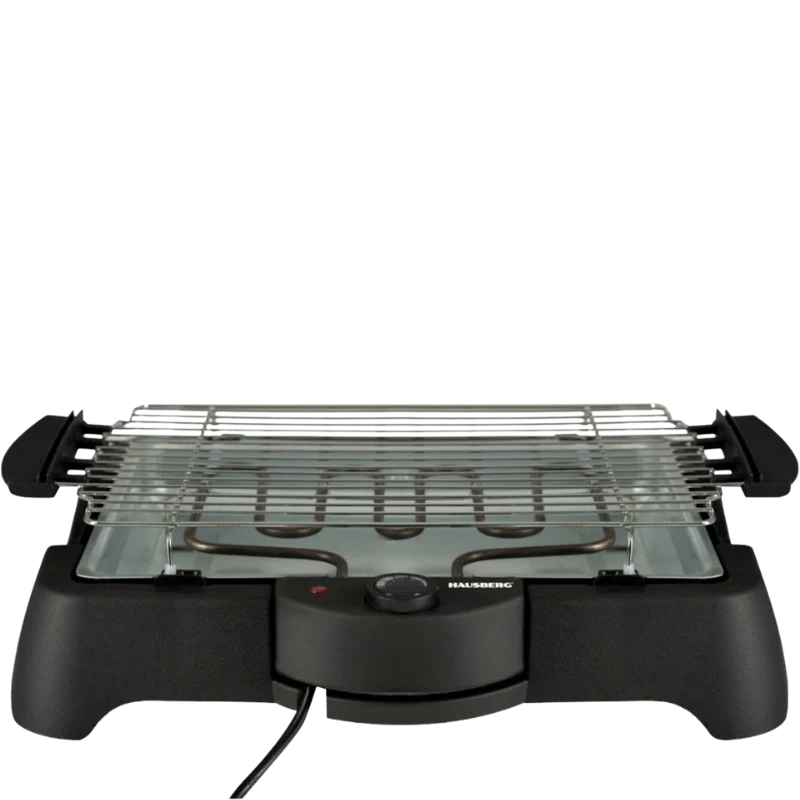 Black electric grill with glass lid on a white background