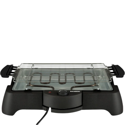 Black electric grill with glass lid on a white background