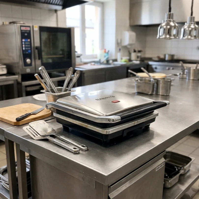 Commercial kitchen with a Waring Pro grill on a stainless steel counter