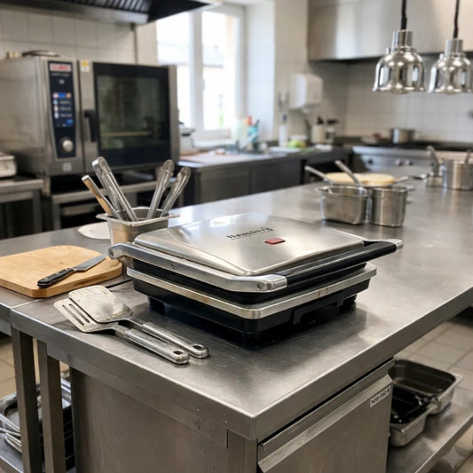 Commercial kitchen with a Waring Pro grill on a stainless steel counter