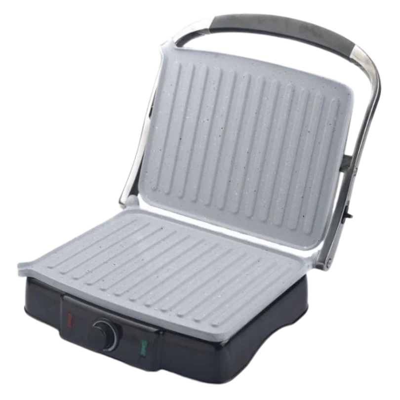 Sandwich maker with grill plates on a white background