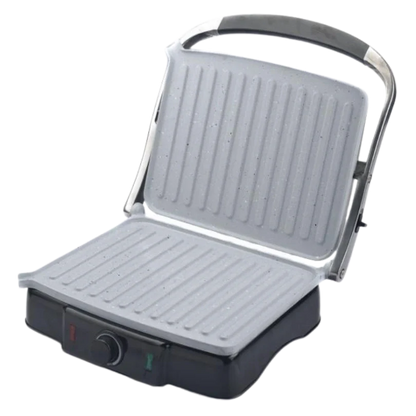 Sandwich maker with grill plates on a white background