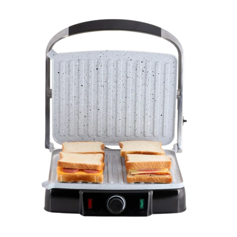 Panini press with sandwiches on a white background