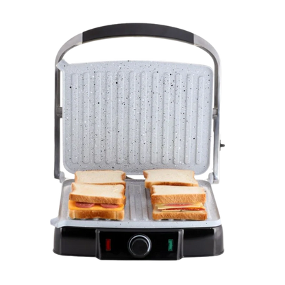 Panini press with sandwiches on a white background