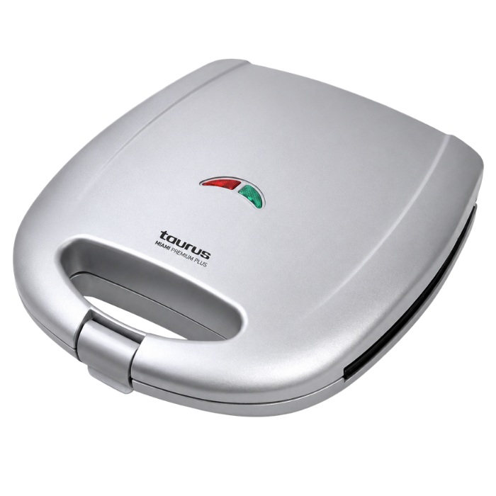 Silver sandwich toaster with Taurus branding on a white background