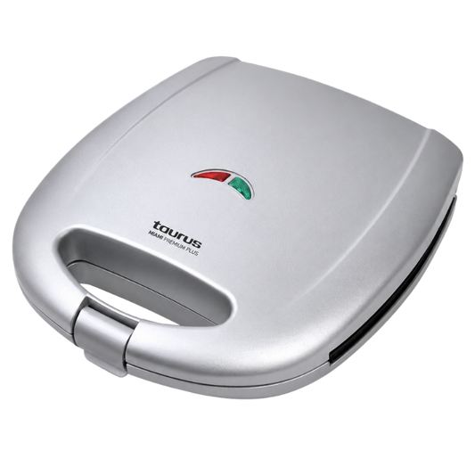Silver sandwich toaster with Taurus branding on a white background