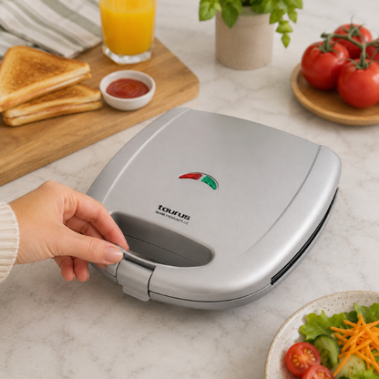 Taurus sandwich maker on a kitchen counter with toast, juice, and salad.
